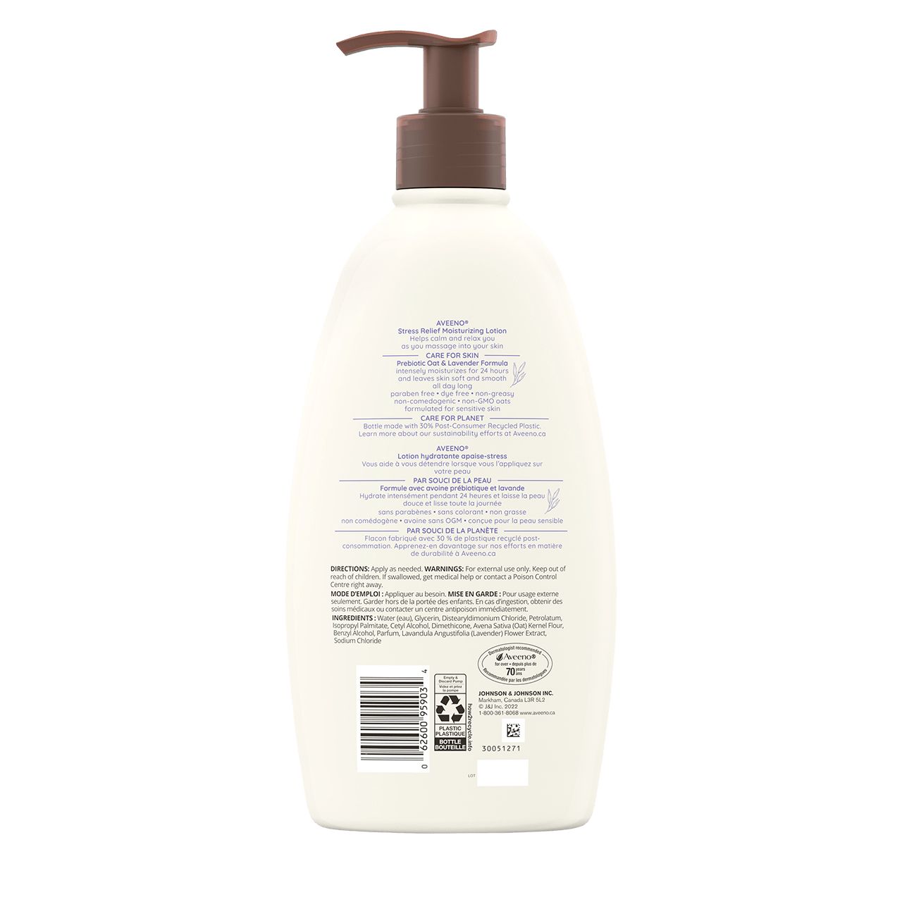 AVEENO® Stress Relief Body Lotion back label, pump bottle, 532 ml
