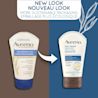 An old and a new packaging of Aveeno Skin Relief Hand Cream squeeze tube, 97mL and a text stating 'New Look, More Sustainable Packaging'
