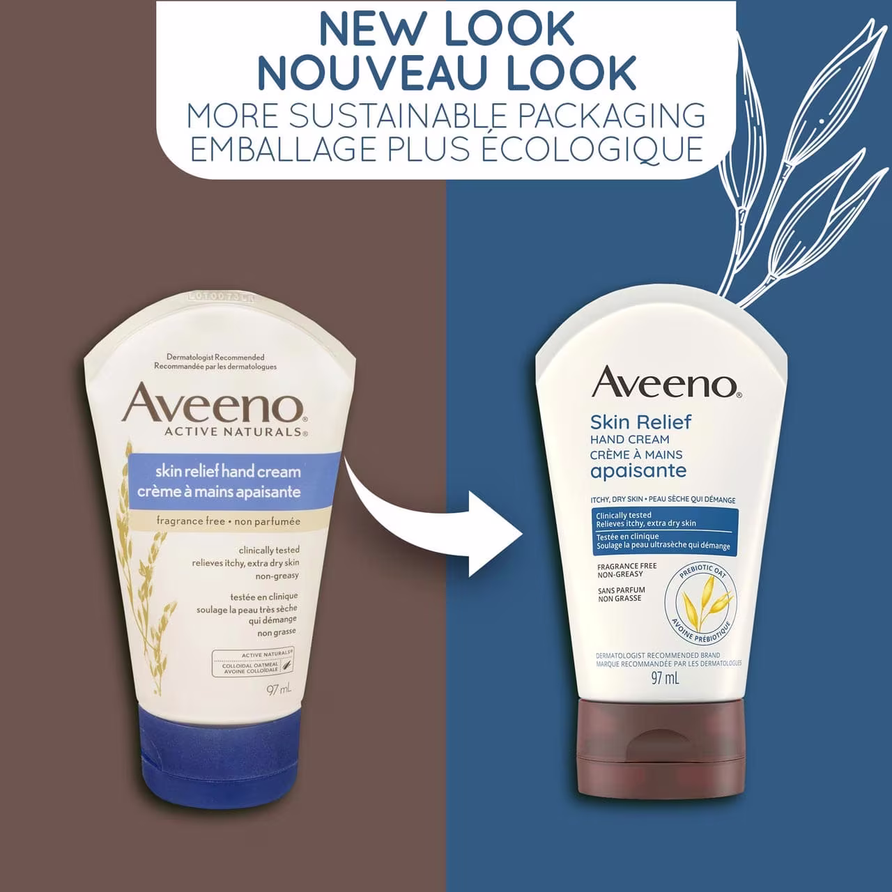 Un ancien et un nouveau tube à presser de 97 ml de la crème à mains Ultrasoins Aveeno avec la mention « Nouveau look, flacon plus écologique »