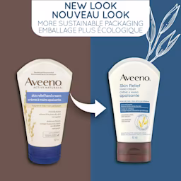 An old and a new packaging of Aveeno Skin Relief Hand Cream squeeze tube, 97mL and a text stating 'New Look, More Sustainable Packaging'