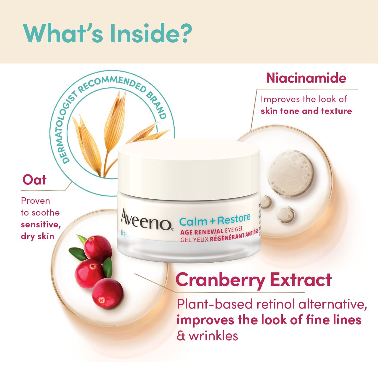 Gel Yeux régénérant antiâge Aveeno® Calm + Restore, pot en verre de 14 g, avec les ingrédients suivants : avoine, niacinamide, extrait de canneberge et leurs bienfaits.