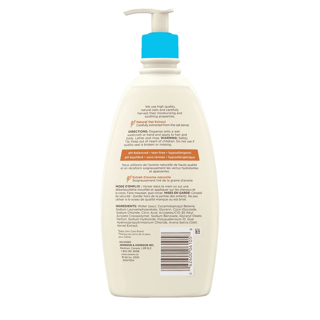 Étiquette arrière du flacon de 532 ml du nettoyant et shampoing AVEENO® BABY avec extrait d'avoine naturelle 