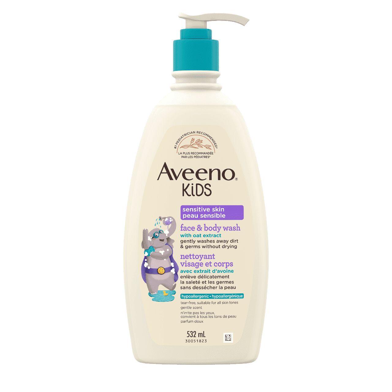Aveeno Kids Sensitive Skin Face & Body Wash bottle, 532mL