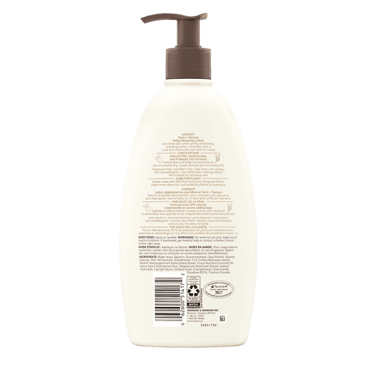 Arrière du flacon de 532 ml de la lotion régénératrice quotidienne AVEENO® Teint + Texture