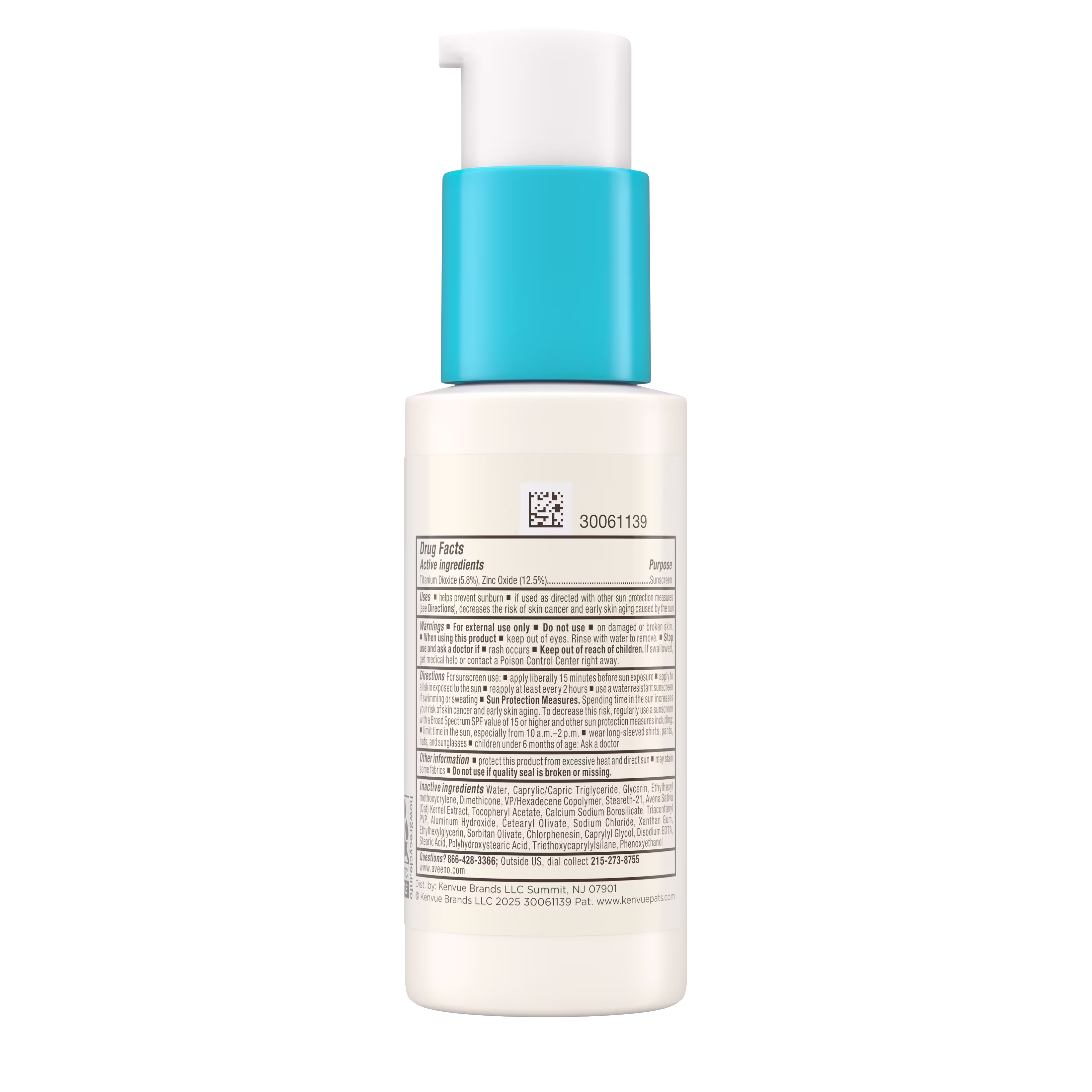 AVE US US 381372026592 120265900 693415 Baby Daily Moisturizer SPF30 1p5oz PR 00180 Back pack shot of Aveeno® Baby Daily Moisture Face Lotion & Mineral Sunscreen, SPF 30