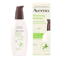 Hydratant quotidien AVEENO® POSITIVELY RADIANT® avec FPS 30, boîte et flacon-pompe de 68 ml