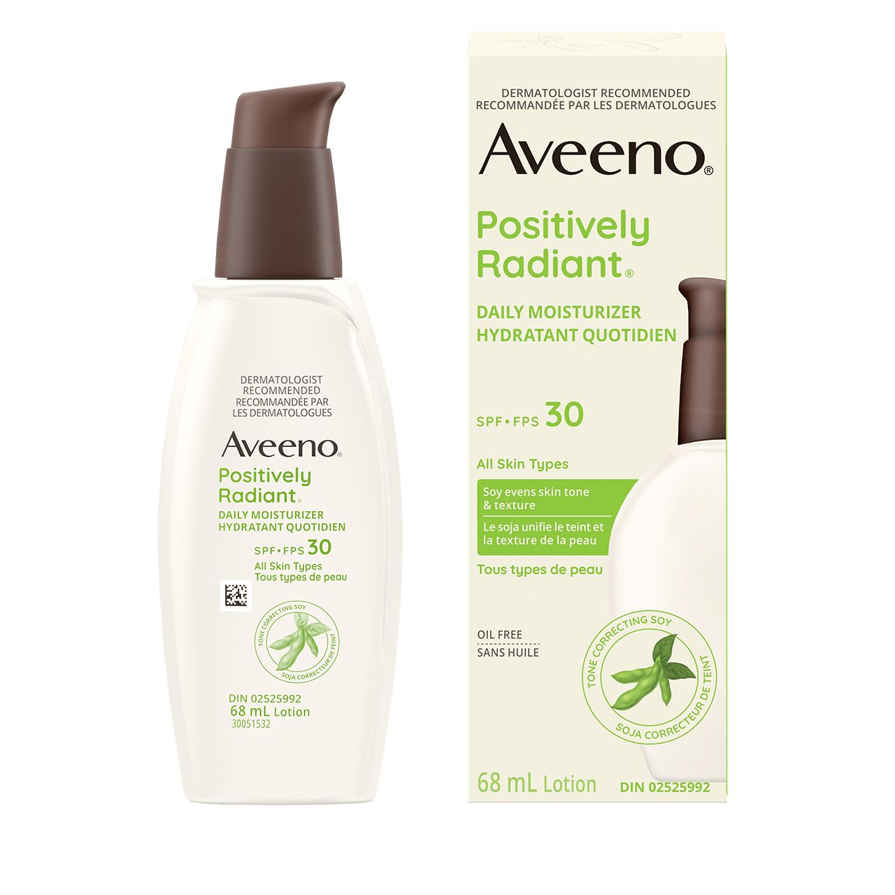 Hydratant quotidien AVEENO® POSITIVELY RADIANT® avec FPS 30, boîte et flacon-pompe de 68 ml