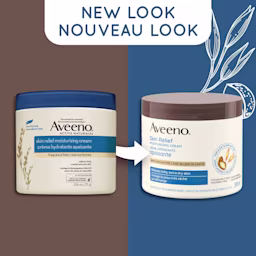 New and old packaging of AVEENO® Skin Relief Moisturizing Cream,  306 mL with a text stating 'New Look'