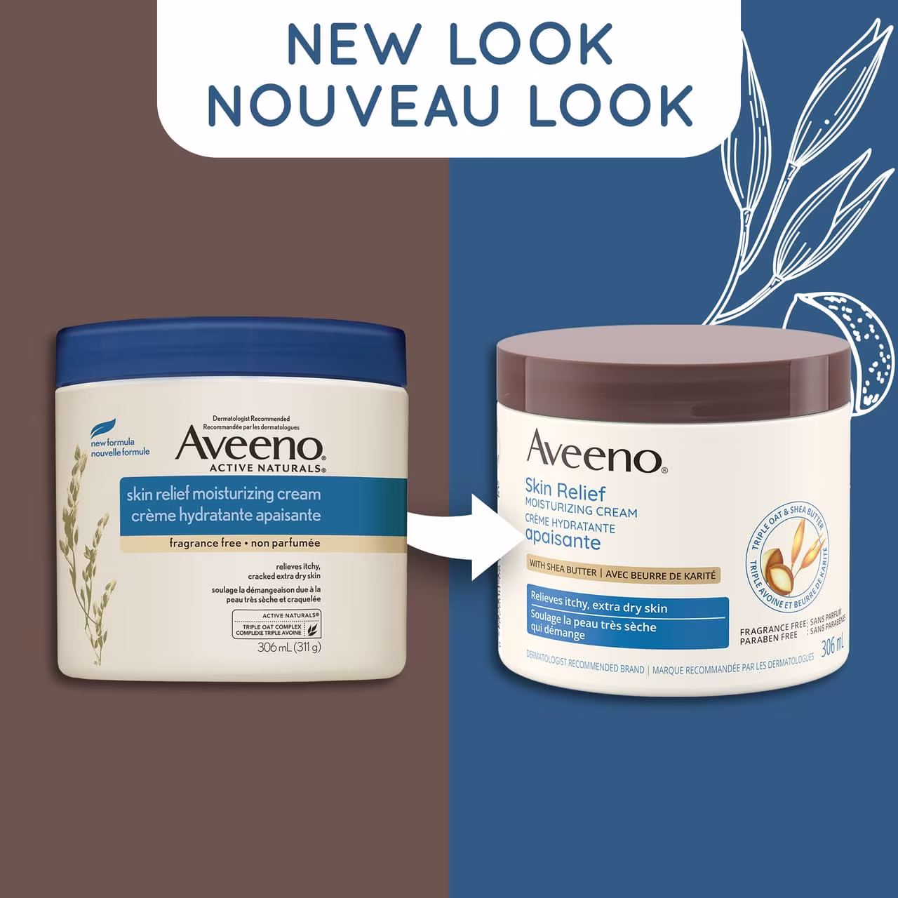 New and old packaging of AVEENO® Skin Relief Moisturizing Cream,  306 mL with a text stating 'New Look'