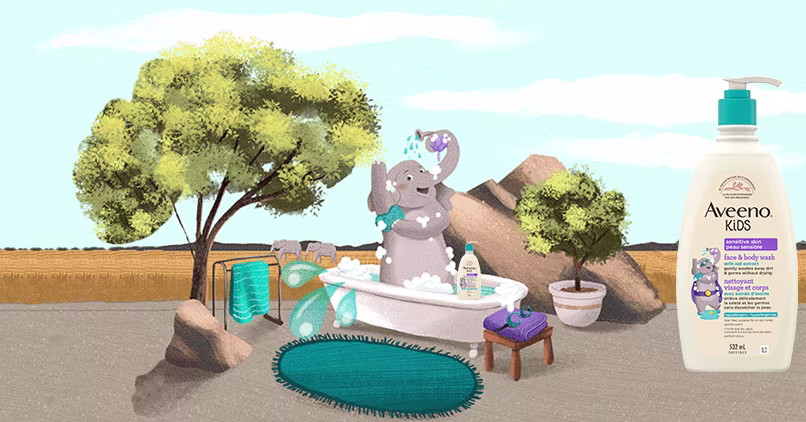 Sage the Elephant bathing with the Aveeno® Kids Face & Body Wash