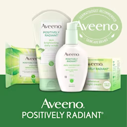 Aveeno® Positively Radiant product lineup displayed with seal Dermatologist Recommended Brand