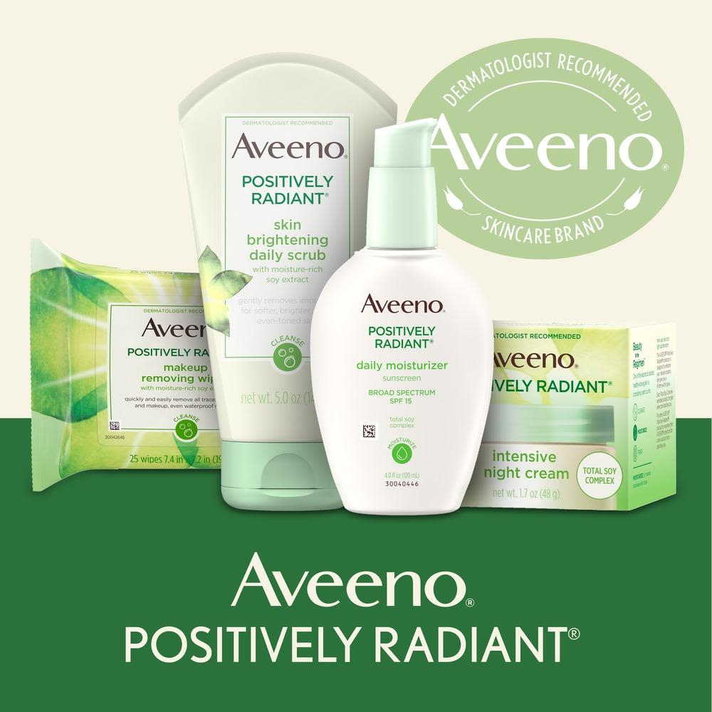 Aveeno® Positively Radiant product lineup displayed with seal Dermatologist Recommended Brand