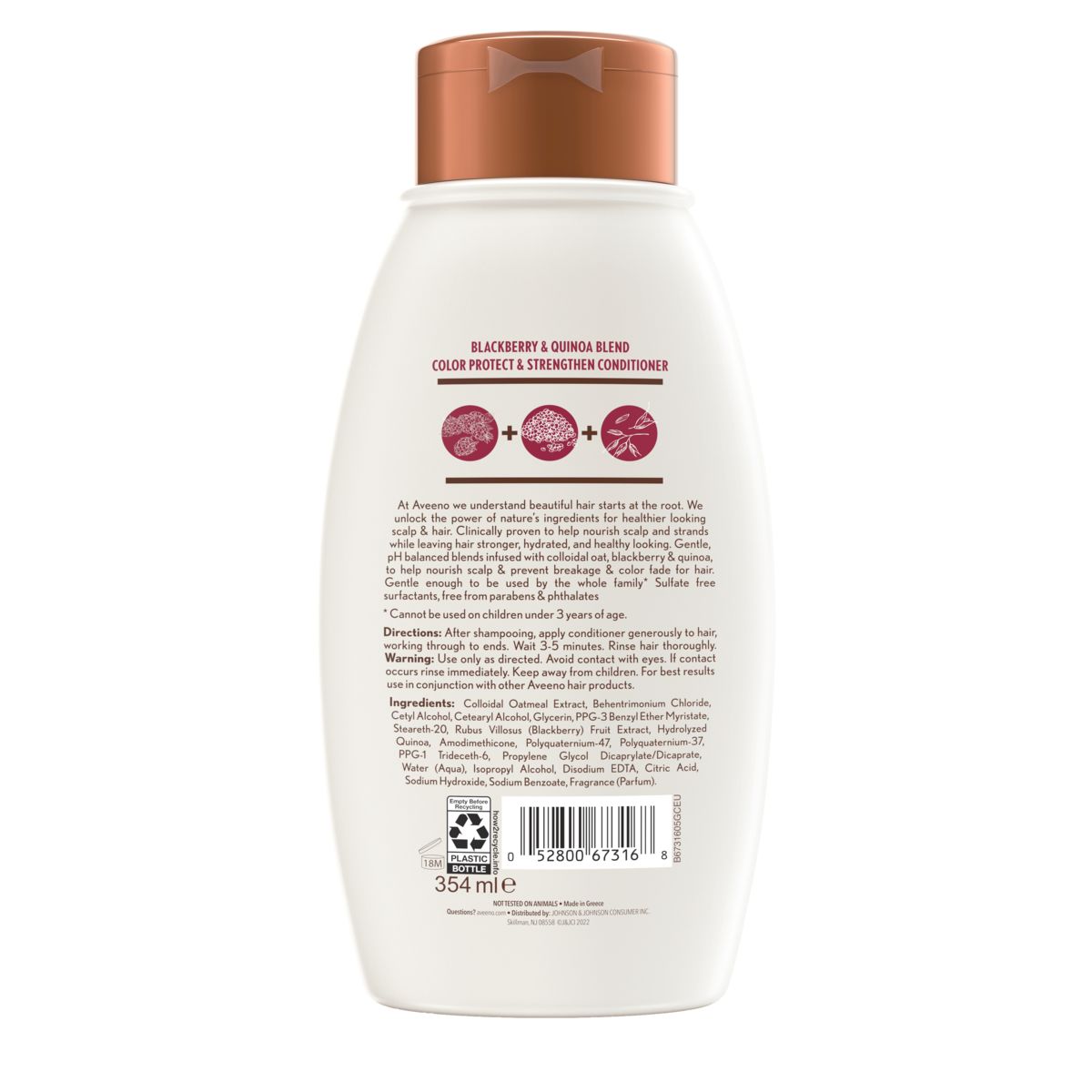 Back of Pack of Aveeno® Blackberry & Quinoa Blend Color Protect & Strengthen Conditioner, 12 fl oz