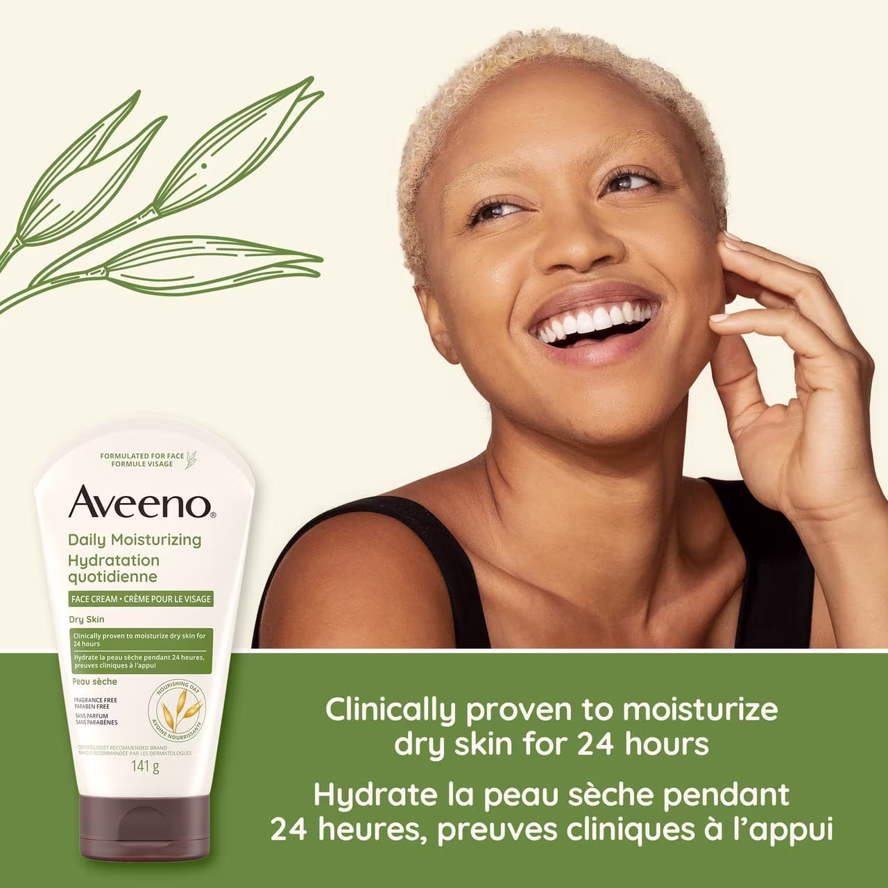 Woman smiling with Aveeno Daily Moisturizing Face Cream tube and text stating 'Clinically proven to moisturize dry skin for 24hrs'.