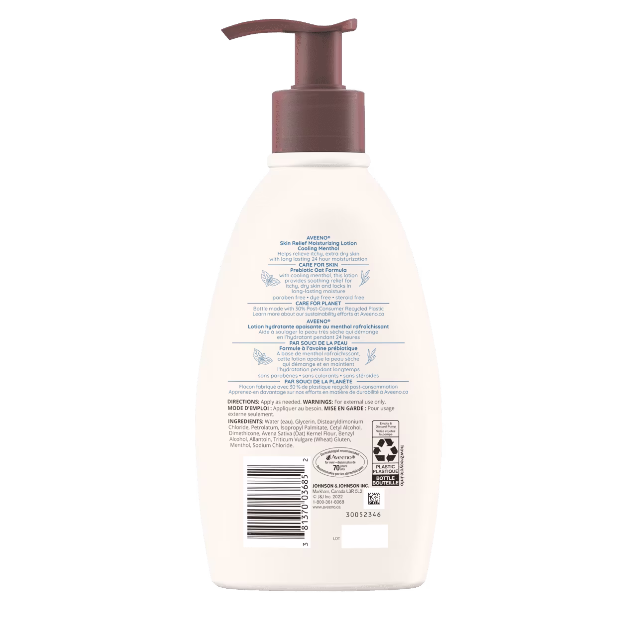 Panneau arrière du flacon de la lotion hydratante apaisante AVEENO® au menthol rafraîchissant
