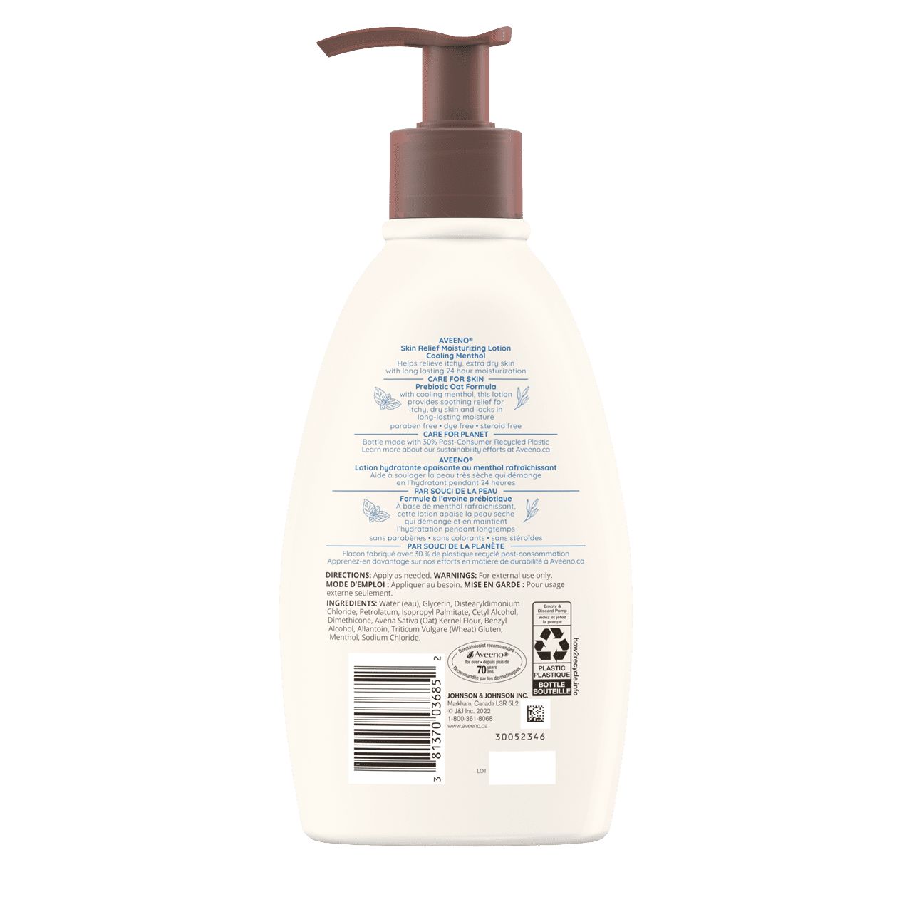 Panneau arrière du flacon de la lotion hydratante apaisante AVEENO® au menthol rafraîchissant