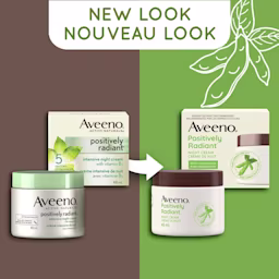 An old and a new packaging of Aveeno Positively Radiant Intensive Night Cream jar, 48mL and a text stating 'New Look'