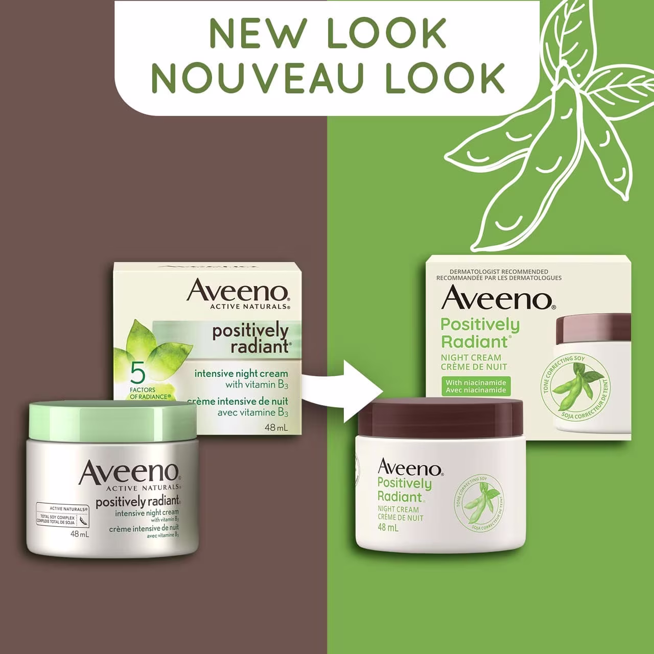 An old and a new packaging of Aveeno Positively Radiant Intensive Night Cream jar, 48mL and a text stating 'New Look'