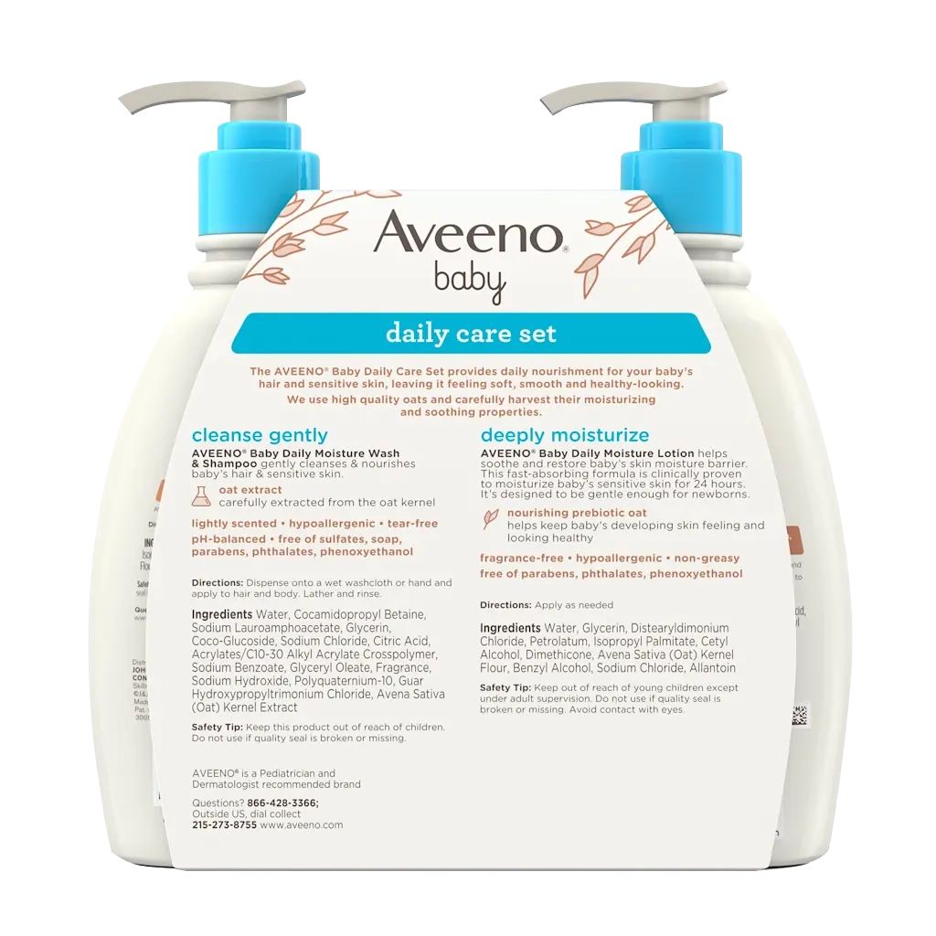 Aveeno® Baby Daily Care Set back of pack shot of Daily Moisture Wash & Shampoo and Lotion