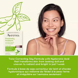 Image montrant une femme qui sourit et un emballage du pot de 48 g du gel hydratant AVEENO® Positively Radiant®