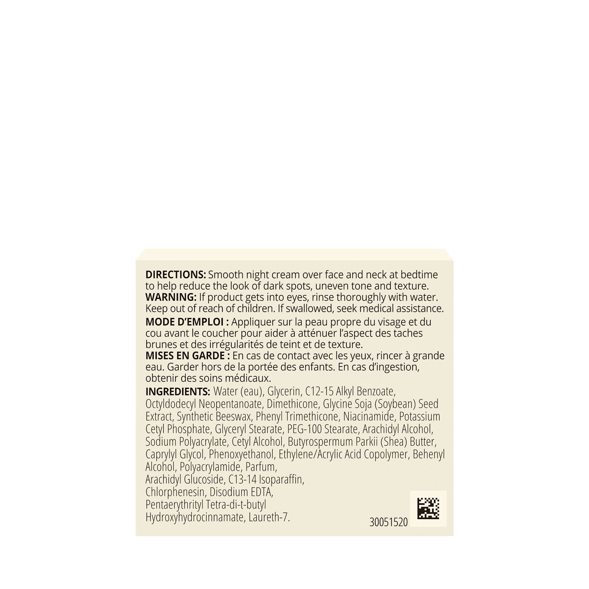 Crème intensive de nuit AVEENO® Positively Radiant® avec de la vitamine B3, panneau arrière du pot de 48 ml
