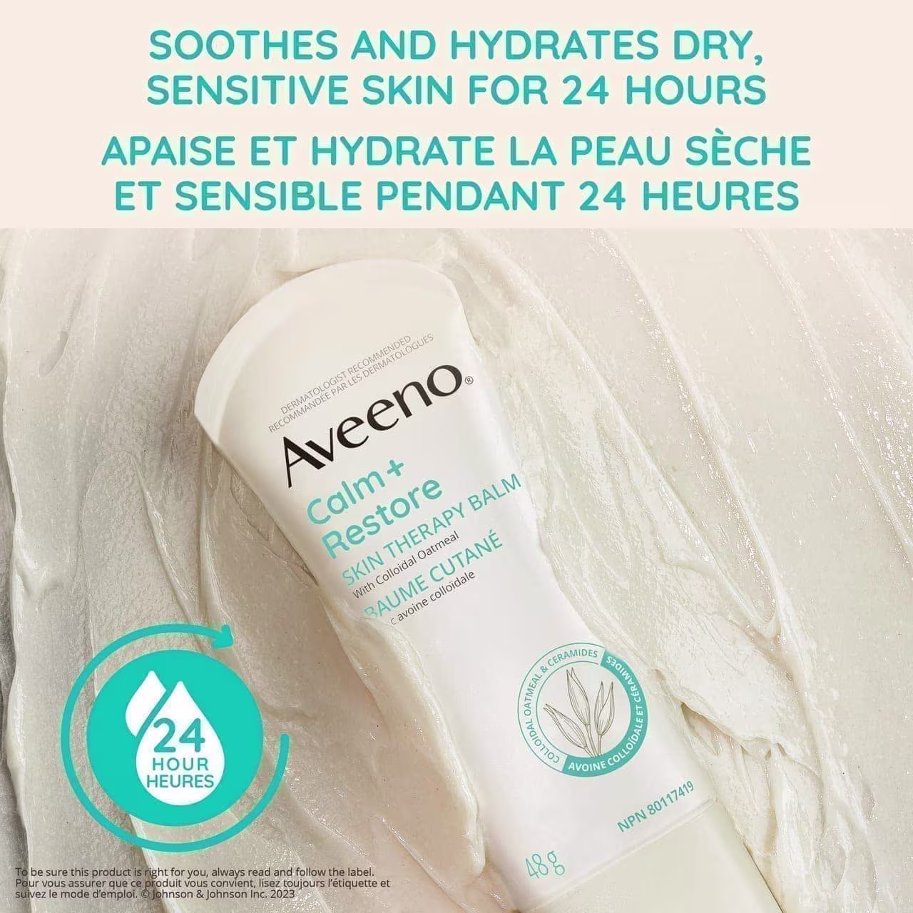 Baume cutané AVEENO® Calm + Restore, en tube à presser de 48 g, et revendication disant « Apaise et hydrate la peau sèche et sensible pendant 24 heures »