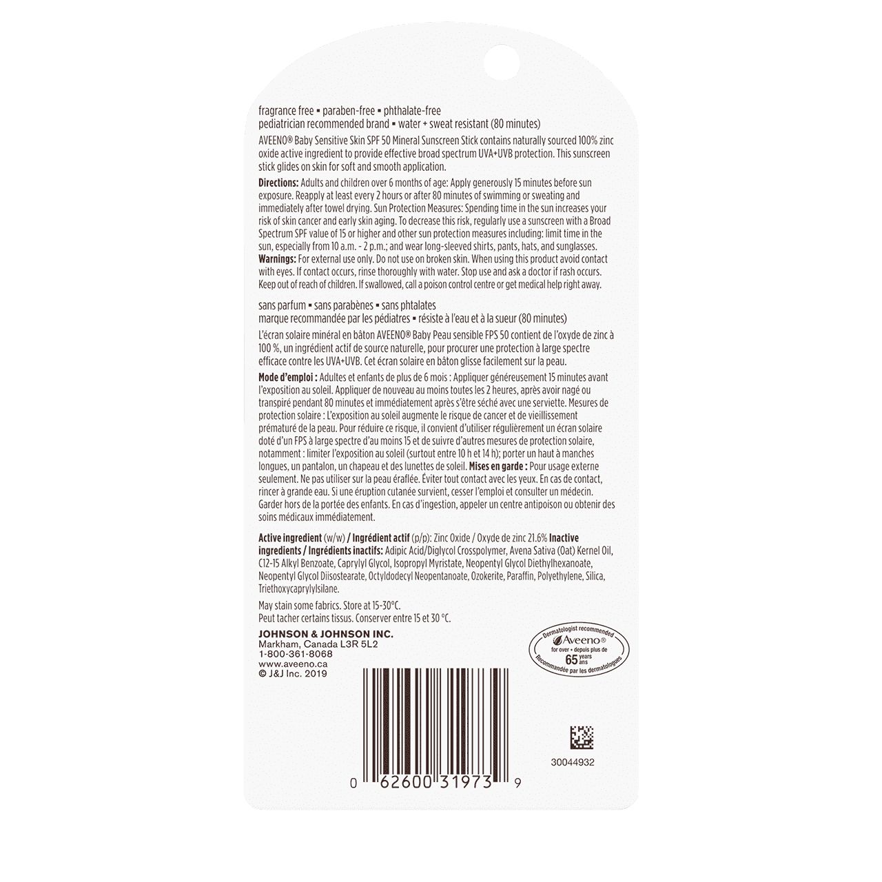 A packet of AVEENO® Baby Sensitive Skin Mineral sunscreen stick SPF 50, 13g, back label
