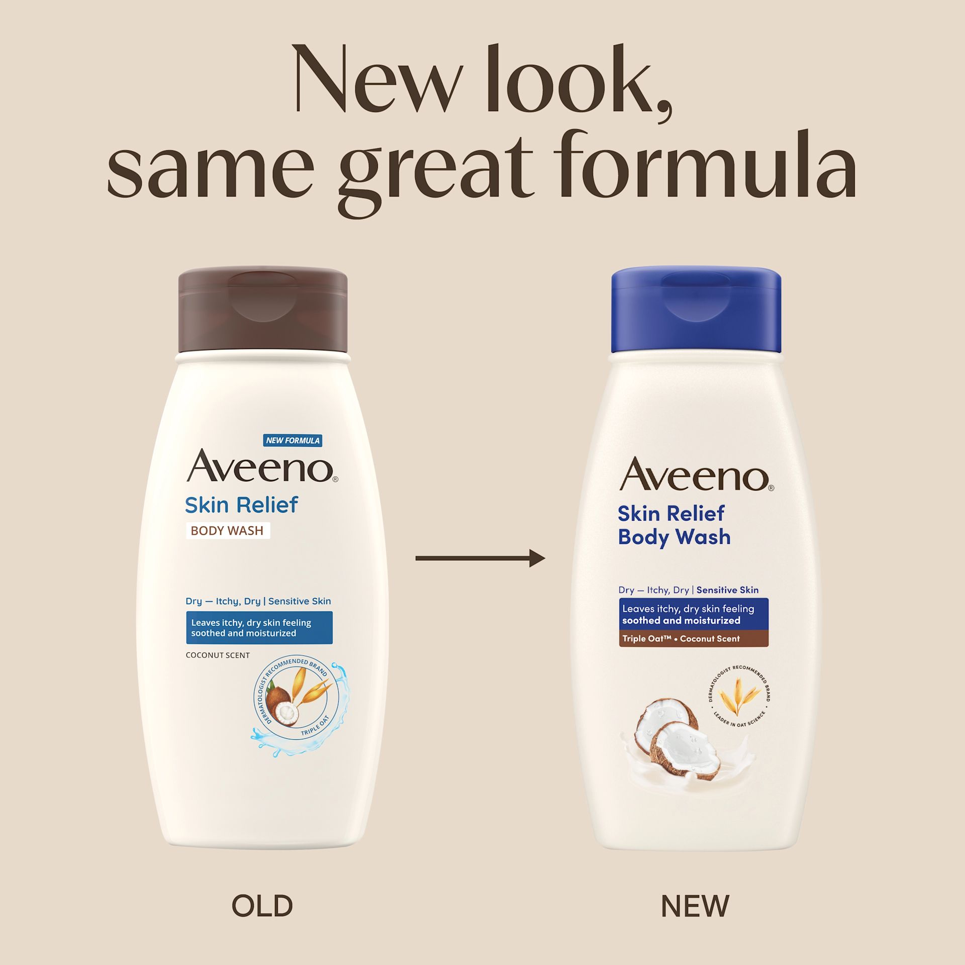 US AVE Captain Packaging Transition Images 3300x3300 Skin Relief Coconut Wash 18oz New Look same old formula Aveeno® Skin Relief Body Wash with Coconut Scent