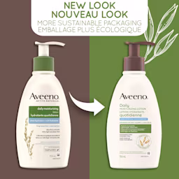 Old and new packaging of AVEENO® Daily Moisturizing Lotion Sheer Hydration, 532 mL bottles, with text 'new look'