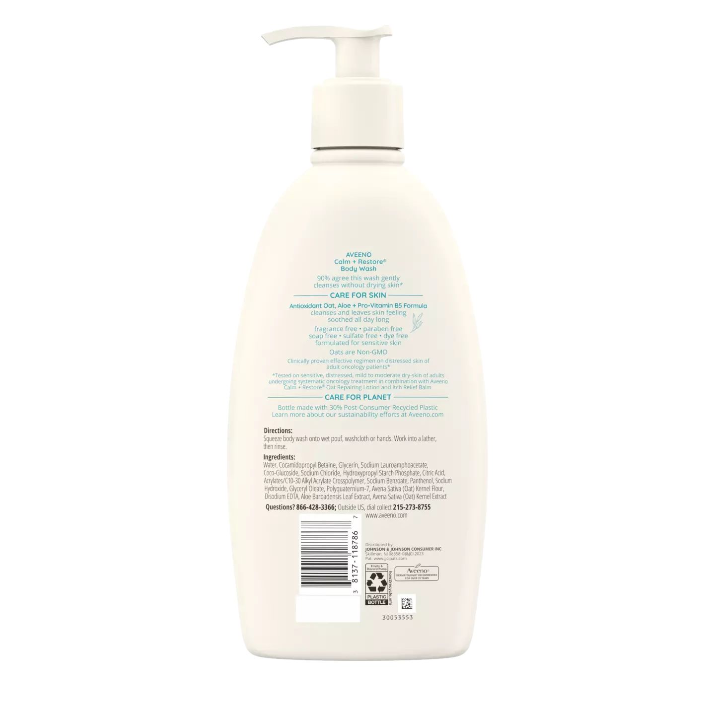 Back pack shot of Aveeno® Calm + restore body wash 18oz