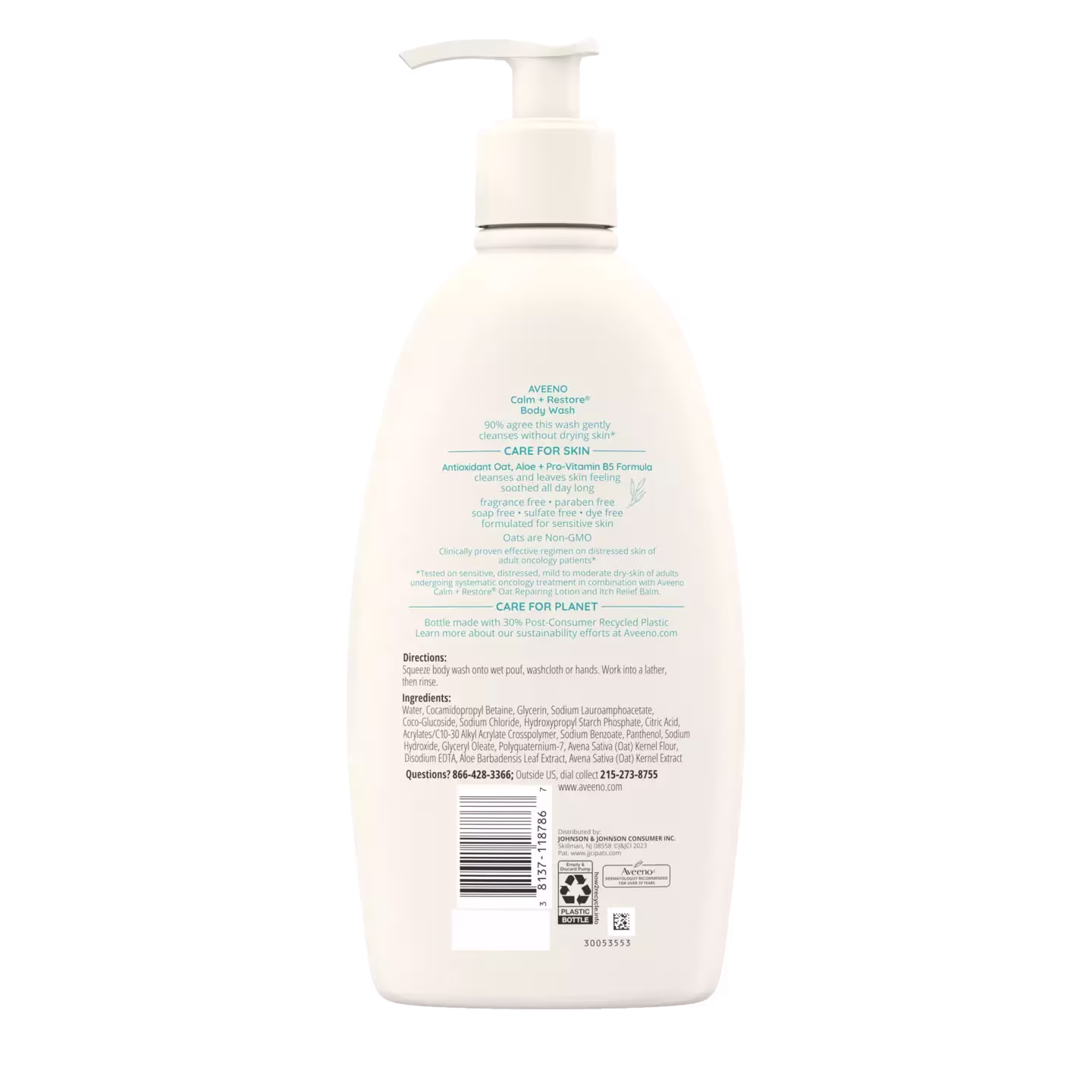5 154398073 ave 381371187867 us restorative skin therapy bw ss 18oz 00180 Back pack shot of Aveeno® Calm + restore body wash 18oz