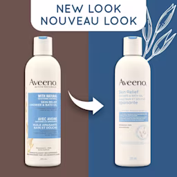 New and old packaging of AVEENO®  Skin Relief Shower and Bath Oil,  295 mL with a text stating 'New Look'