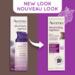 Old and new packaging of AVEENO® Absolutely Ageless Daily Moisturizer SPF 30, 50 mL bottles, with text 'new look'