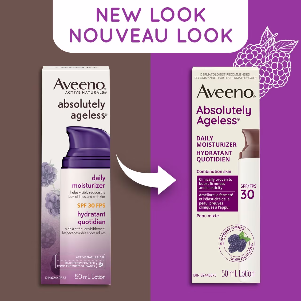 Old and new packaging of AVEENO® Absolutely Ageless Daily Moisturizer SPF 30, 50 mL bottles, with text 'new look'