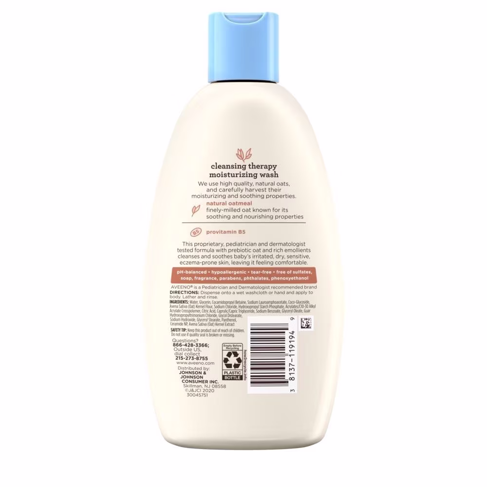 Back of pack shot of Aveeno® Baby Cleansing Therapy Moisture Wash