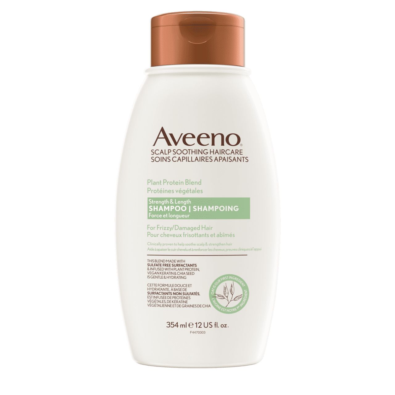 Front shot of AVEENO® Plant Protein Blend Strength & Length Hair Shampoo squeeze bottle, 354mL