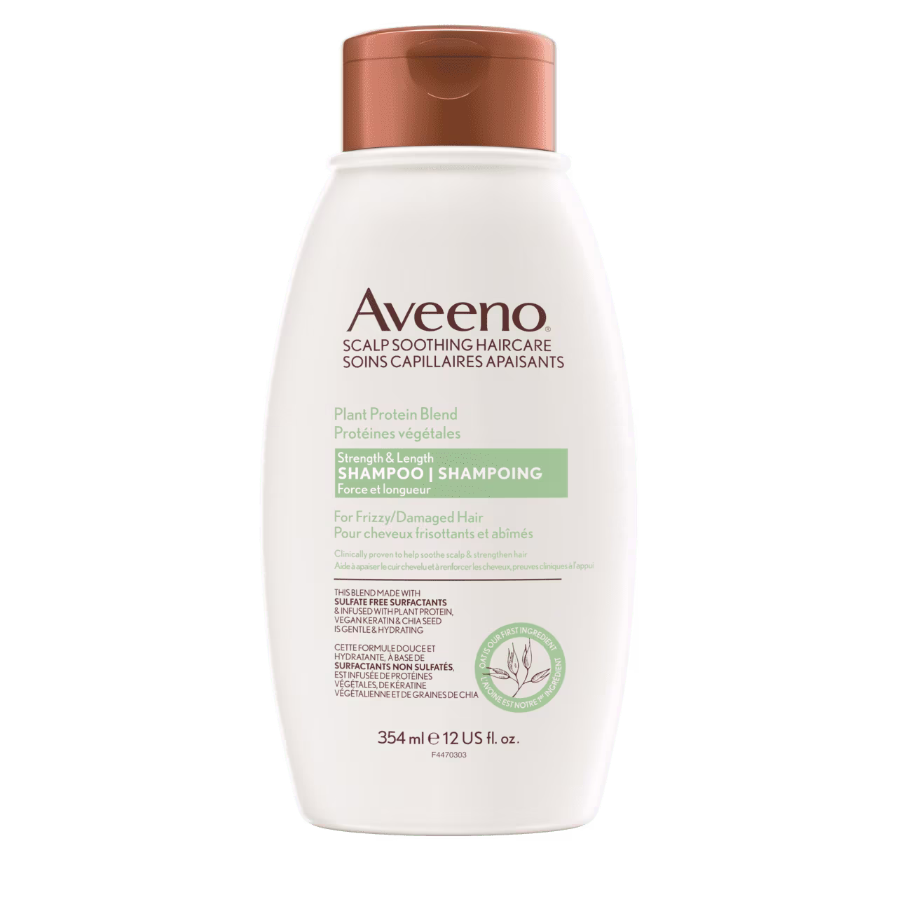 Front shot of AVEENO® Plant Protein Blend Strength & Length Hair Shampoo squeeze bottle, 354mL