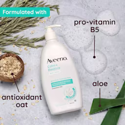 Bottle of Aveeno® Calm Restore Body Wash formulated with ingredients antioxidant oat, aloe and pro-vitamin B5