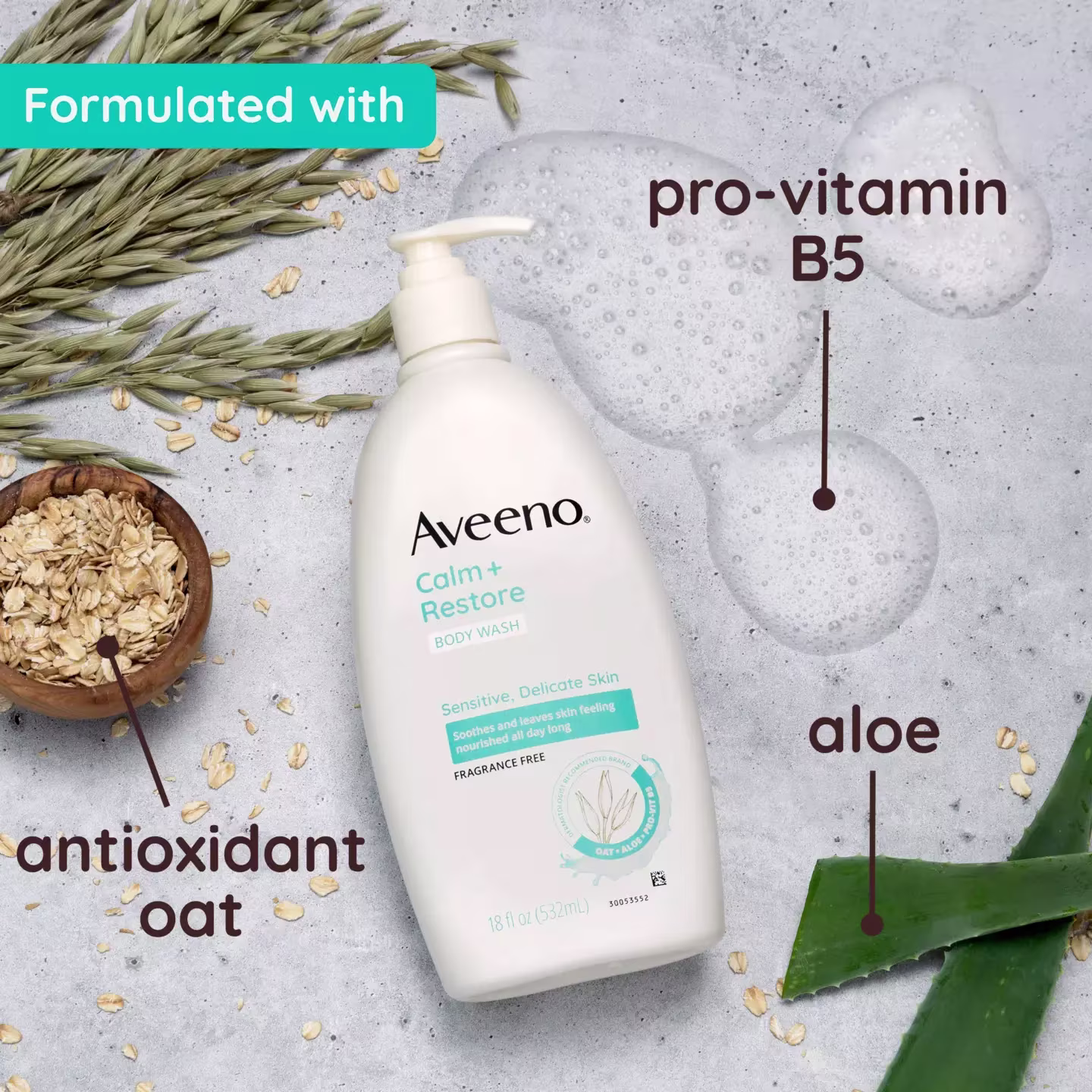 Bottle of Aveeno® Calm Restore Body Wash formulated with ingredients antioxidant oat, aloe and pro-vitamin B5