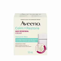 AVE NA CA 00062600651921 000626006 125602 Calm Restore Age Renew Cream 50mL 00000 (2) The front shot of AVEENO® Calm + Restore Age Renewal Face Cream product packaging