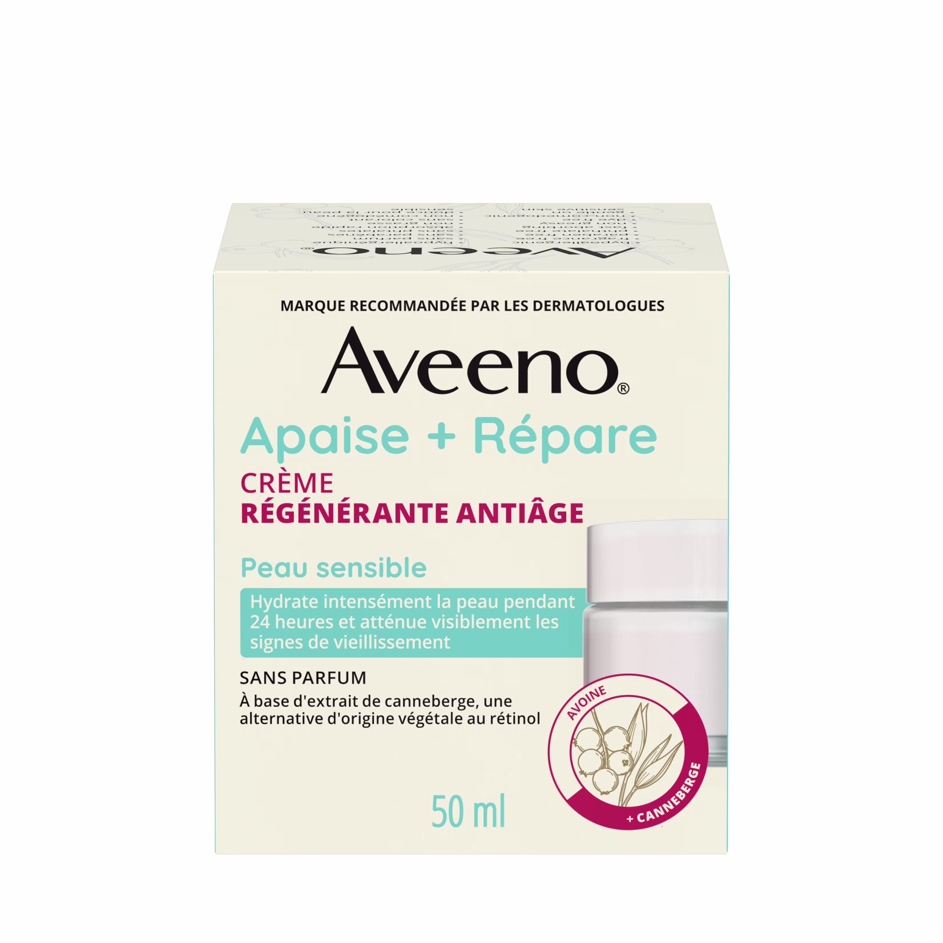 Photo du devant de l’emballage de la crème pour le visage AVEENO® régénérante antiâge Calm + Restore