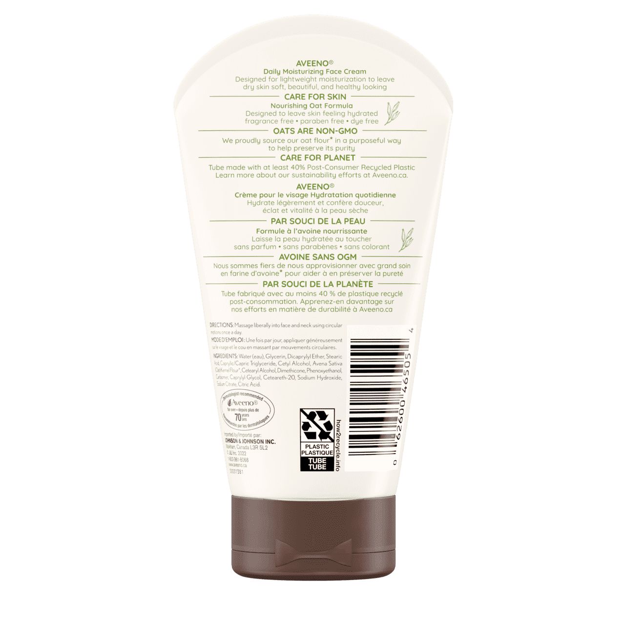 Arrière du tube de 141 g de crème pour le visage Hydratation quotidienne Aveeno®