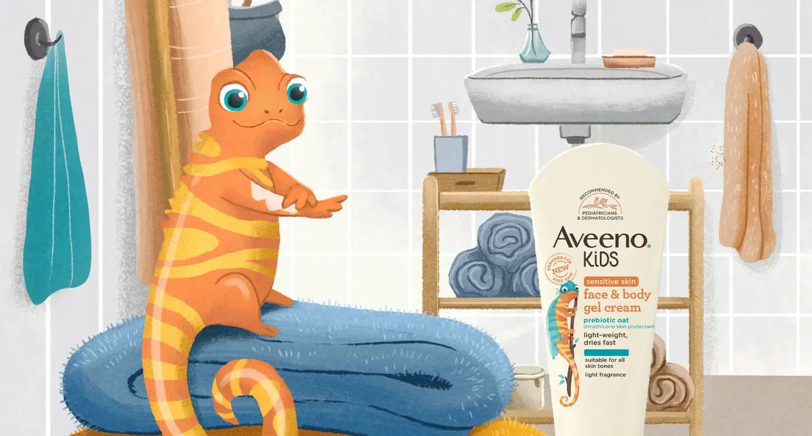 Leon the Chameleon promotional banner with Aveeno® Kids Face and Body gel cream pack
