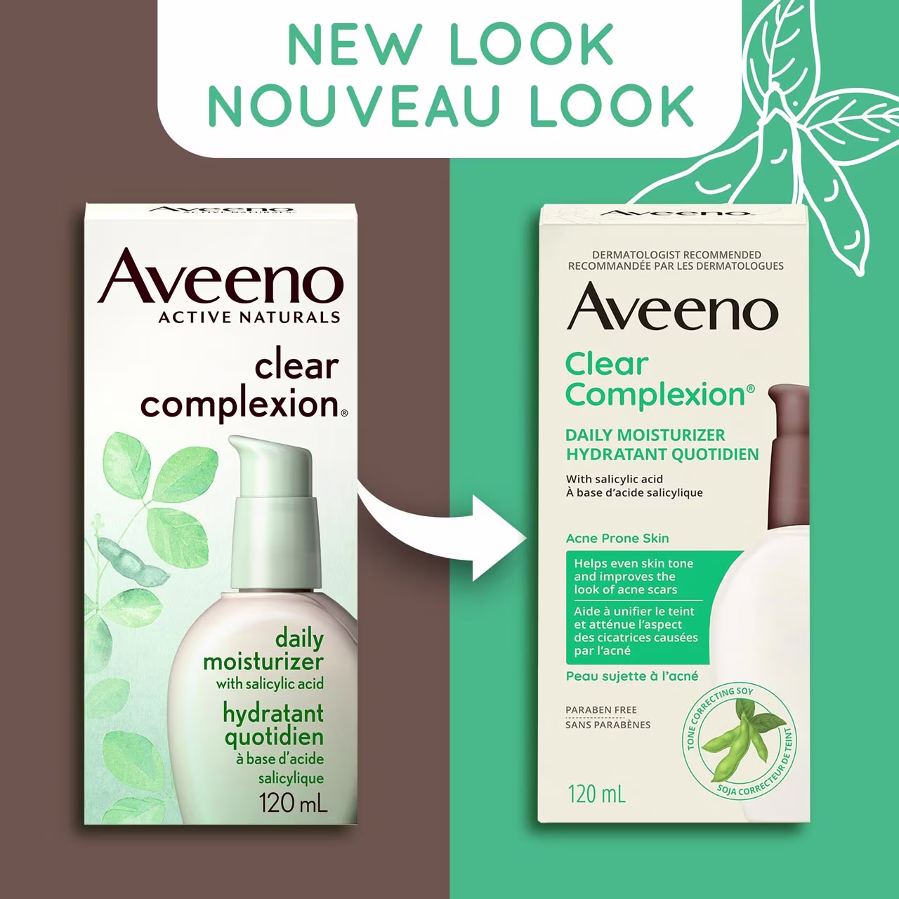 Un ancien et un nouveau flacon-pompe de 120 ml de l'hydratant quotidien Aveeno Clear Complexion, avec la mention : « Nouveau look »