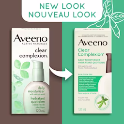 An old and a new packaging of Aveeno Clear Complexion Daily Moisturizer Lotion pump bottle, 120mL and a text stating 'New Look'