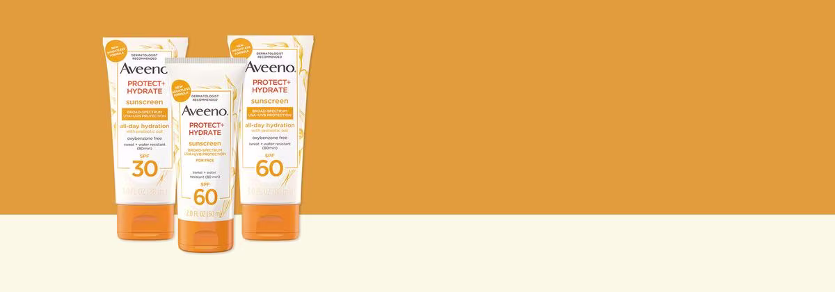 Aveeno® Protect + Hydrate sunscreen collection e bottles of sunscreen with spf 30 and 60
