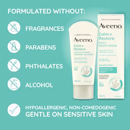 Aveeno® Calm + Restore Daily Moisturizer Mineral SPF 30, squeeze tube with its package and product formulation information