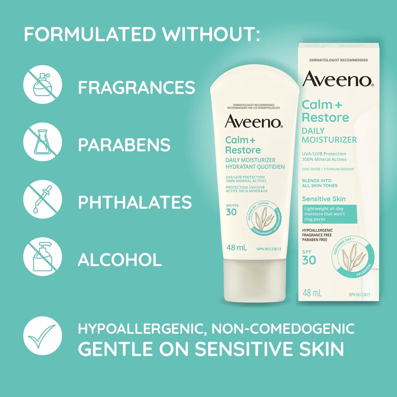 Aveeno® Calm + Restore Daily Moisturizer Mineral SPF 30, squeeze tube with its package and product formulation information
