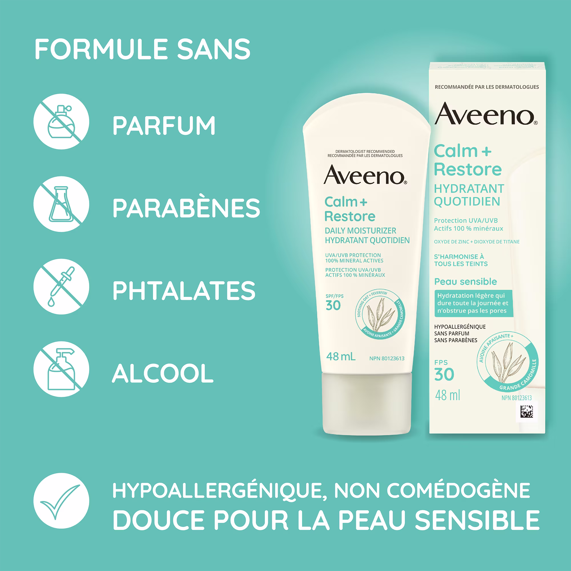 Hydratant quotidien avec écran solaire minéral FPS 30 Aveeno® Calm + Restore, tube à presser, boîte et information sur la formule du produit