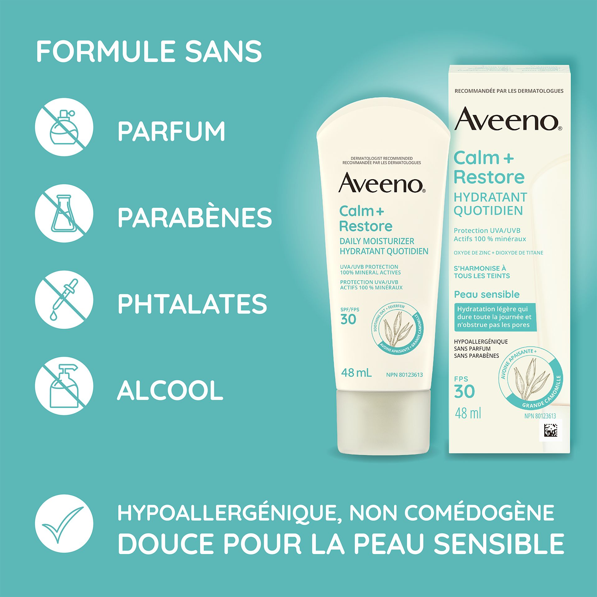Aveeno® Calm + Restore Daily Moisturizer Mineral SPF 30 Image 4 - Aveeno FR-CA Hydratant quotidien avec écran solaire minéral FPS 30 Aveeno® Calm + Restore, tube à presser, boîte et information sur la formule du produit